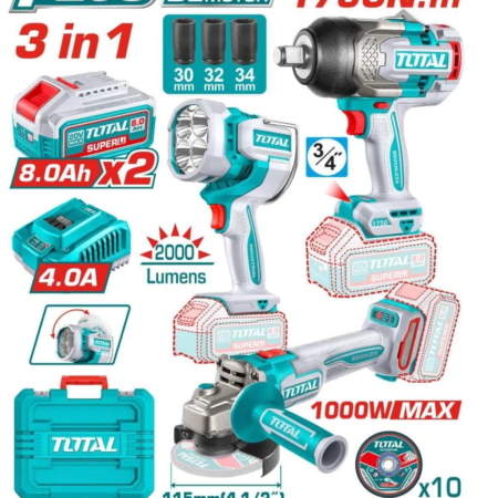 Combo TOTAL 20V 3 Herramientas: Llave de Impacto + Amoladora + Lámpara TOSLI250593