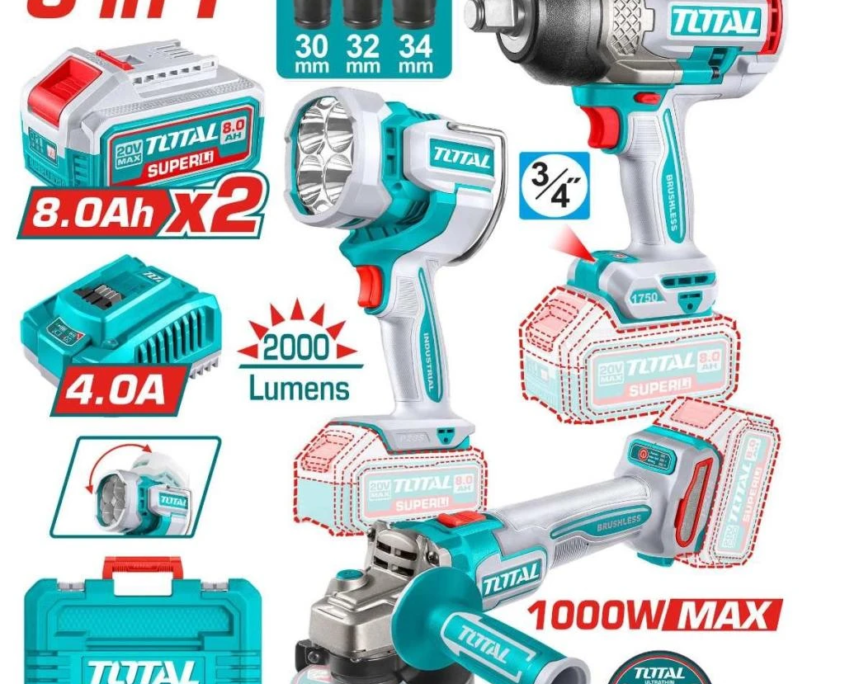 Combo TOTAL 20V 3 Herramientas: Llave de Impacto + Amoladora + Lámpara TOSLI250593