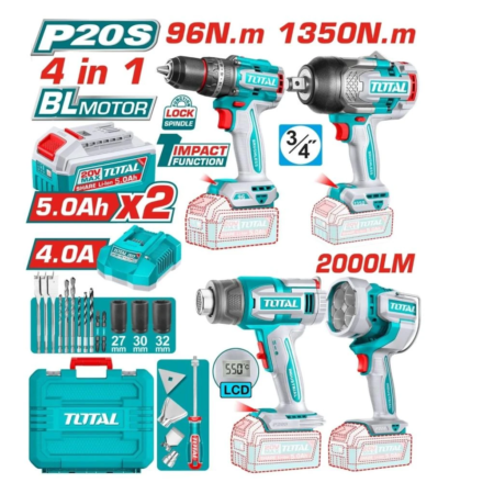 TOTAL COMBO 4PCS 20V TOTAL. Taladro 96nm + Llave Impacto 1350nm + Linterna + Pistola Calor y Acc