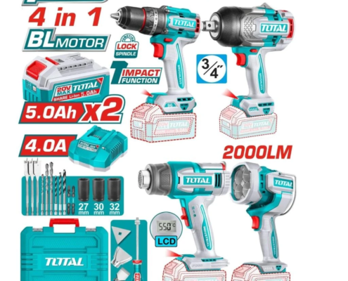 TOTAL COMBO 4PCS 20V TOTAL. Taladro 96nm + Llave Impacto 1350nm + Linterna + Pistola Calor y Acc TOTAL COMBO 4PCS 20V TOTAL. Taladro 96nm + Llave Impacto 1350nm + Linterna + Pistola Calor y Acc